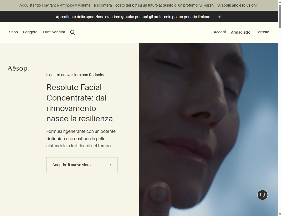 Screenshot del sito Aesop